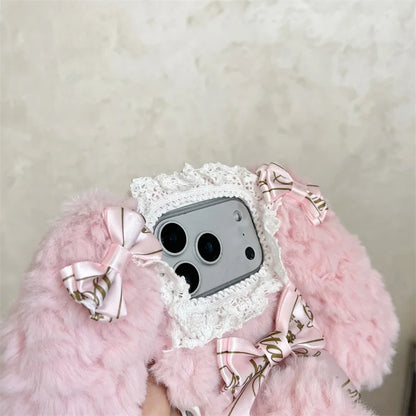 【ロリータファーリボンうさぎ】耳付き ふわもこリボン × レースデザイン ラビット スマホケース｜iPhone対応 #250102