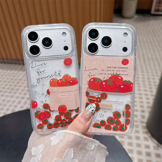 流れるトマトモチーフ ラメ iPhoneケース｜クリアデザイン・レトロガーリー #230825