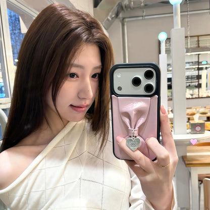 【立体リボン】 ハートチャーム付き ソフトレザー調  iPhoneケース #260207