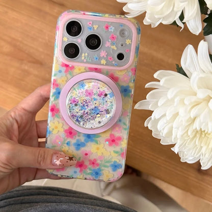【カラフル】フラワーiPhoneケース グリッター Magnetグリップ付き｜ポップ・華やか #231020