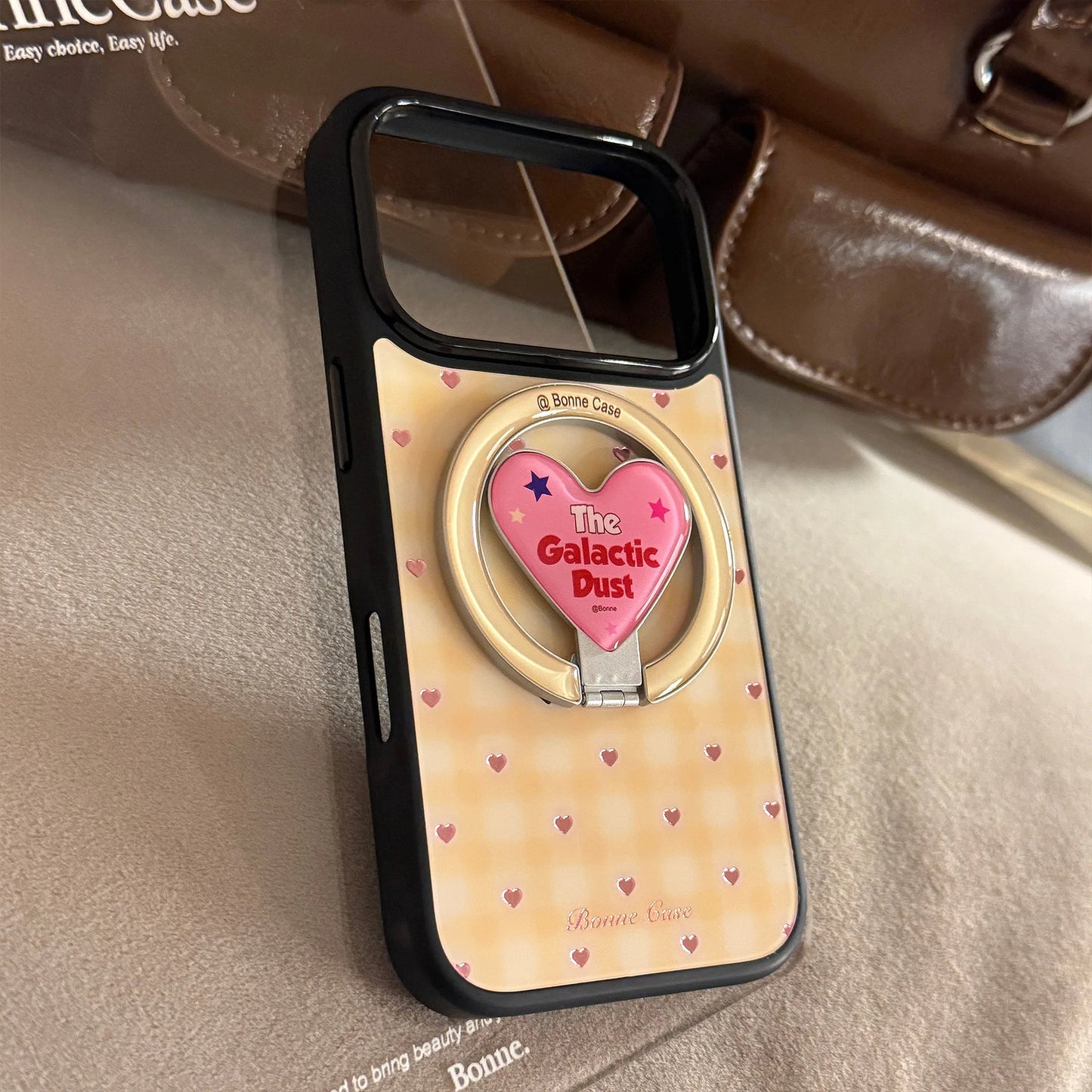 【マグネット式折りたたみハートスタンド付き】イエローチェック ×ピンクハートリング スマホケース｜iPhone対応 #240704