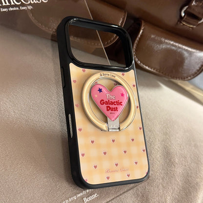 【マグネット式折りたたみハートスタンド付き】イエローチェック ×ピンクハートリング スマホケース｜iPhone対応 #240704