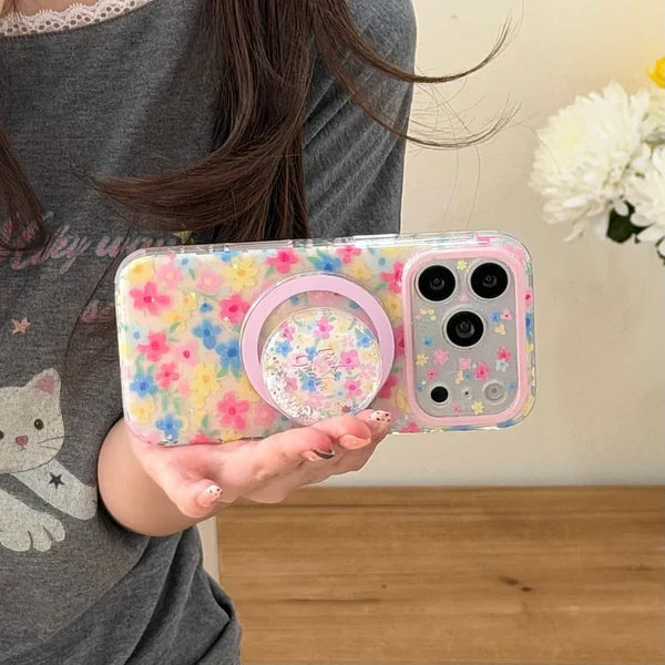 【カラフル】フラワーiPhoneケース グリッター Magnetグリップ付き｜ポップ・華やか #231020