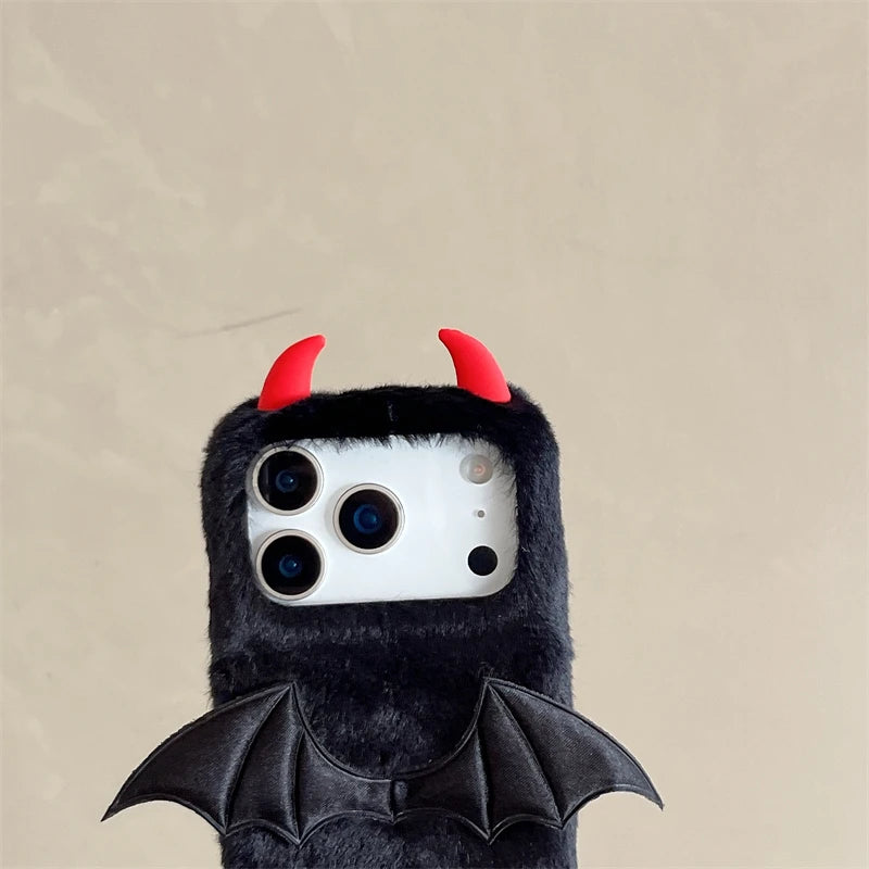 【デビルバットファー】あくまツノ付き×コウモリウィング もこもこスマホケース｜iPhone対応 🦇✨ #250111