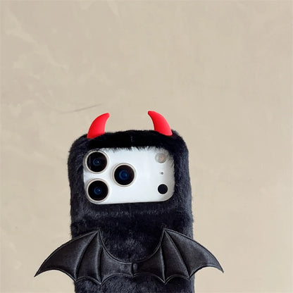 【デビルバットファー】あくまツノ付き×コウモリウィング もこもこスマホケース｜iPhone対応 🦇✨ #250111