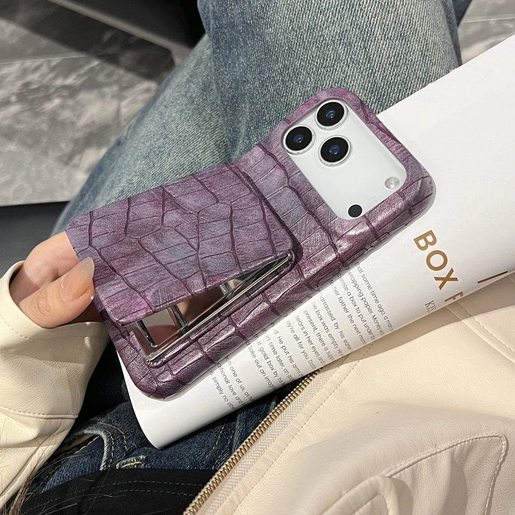 クロコ型押し レザー調 コンパクトミラー付き iPhone スマホケース #260530