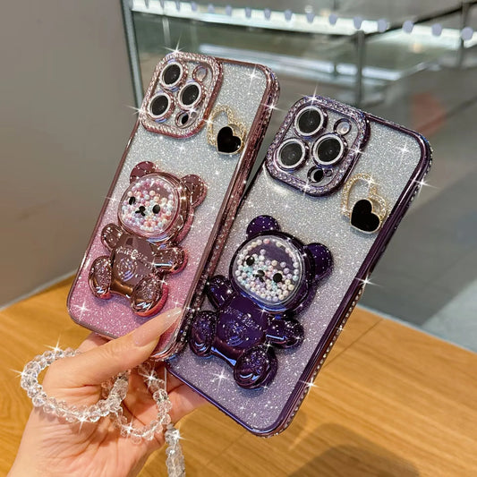 キラキラ グリッター ビーズベア ジュエル iPhoneケース｜折りたたみ スタンド#240415