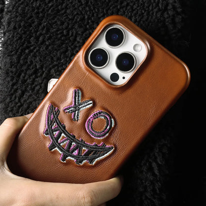 【本革シリーズ】艶あり スムースレザー スマイル ステッチケース｜iPhone対応 #240831