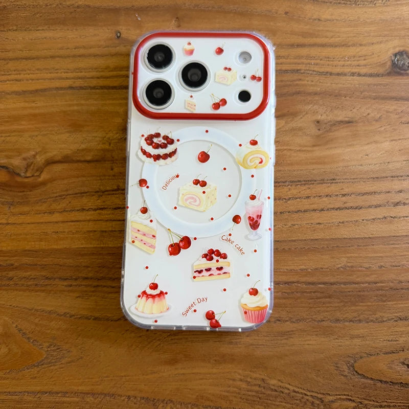 チェリーサンデー パフェ Magnet内蔵 グリップ付き クリア iPhoneケース #240119