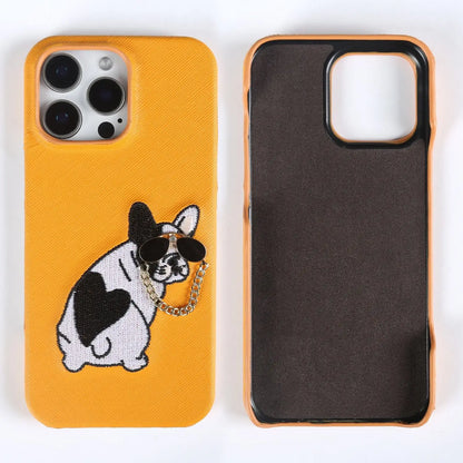 【本革シリーズ】 レザー サングラス フレンチブルドッグ 刺繍 iPhoneケース #260211