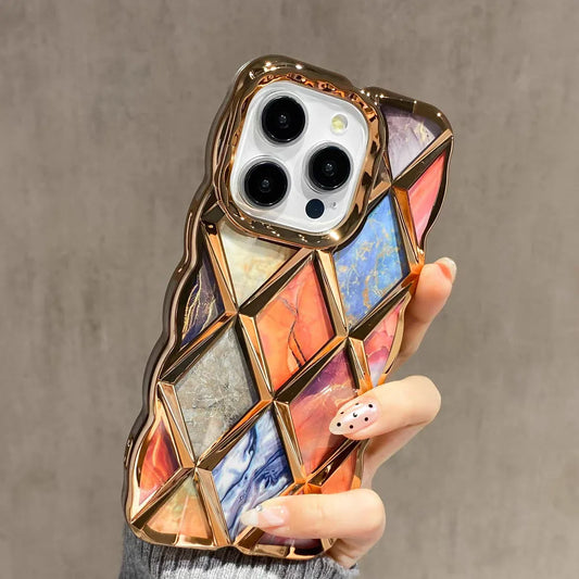 【ジェムカットアート】立体ジオメトリック × マーブルパネルデザイン スマホケース｜iPhone対応 #250603