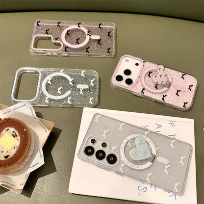 【Magnet内蔵】ハート型 リングスタンド付き グリッター×リボン柄 スマホケース｜iPhone対応 #250310