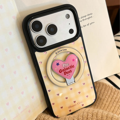 【マグネット式折りたたみハートスタンド付き】イエローチェック ×ピンクハートリング スマホケース｜iPhone対応 #240704