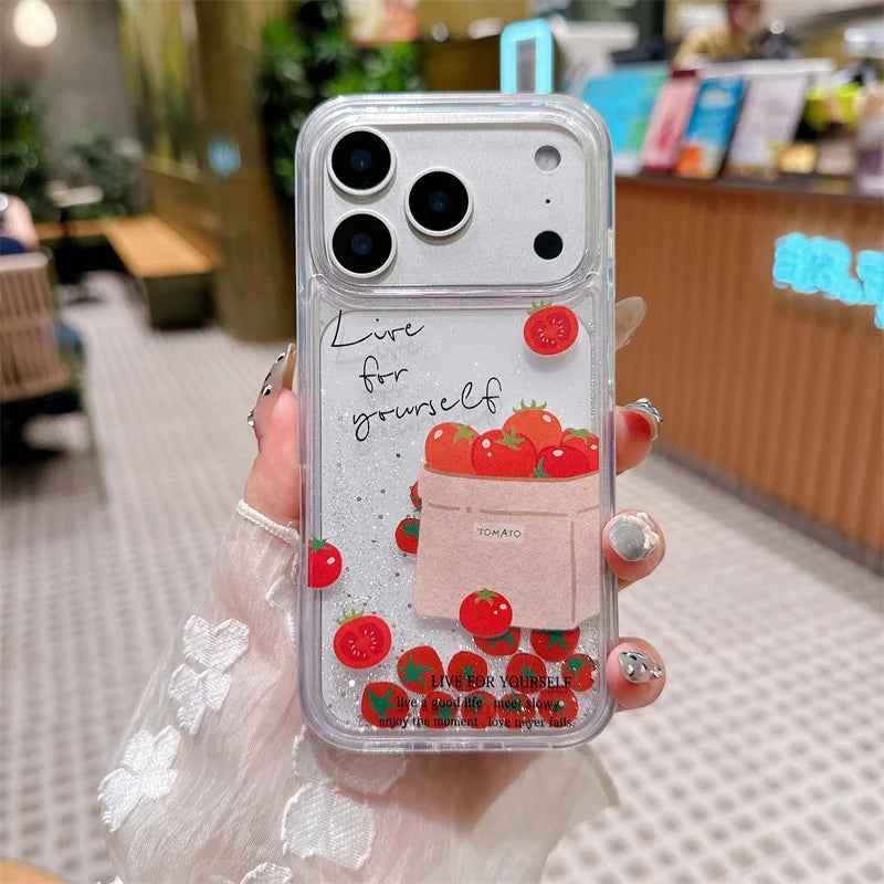 流れるトマトモチーフ ラメ iPhoneケース｜クリアデザイン・レトロガーリー #230825