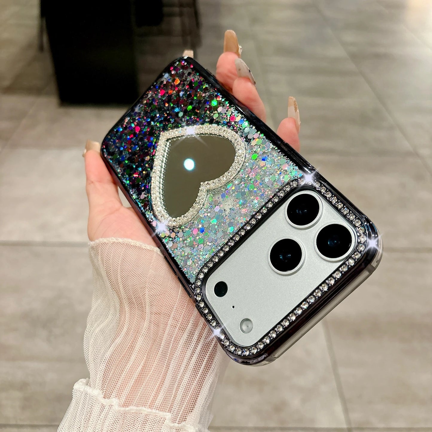 【グリッターハートミラー】ラメグラデ×ハートミラー スマホケース｜iPhone対応 #250124