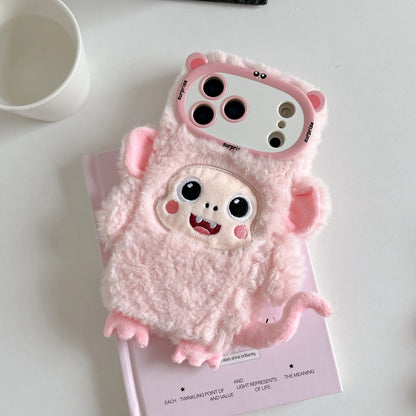 【アニマルフェイスシリーズ】ピンク＆ホワイト モンキー スマホケース｜ふわもこ立体デザイン × 尻尾付き｜iPhone対応 #241129