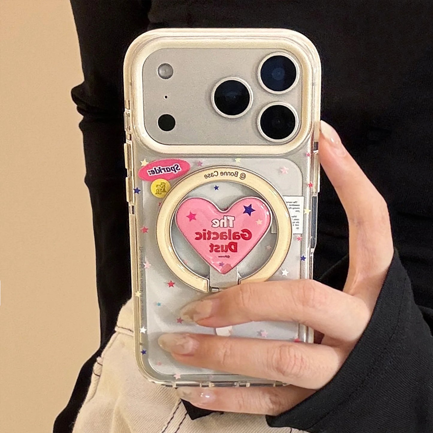 【マグネット式折りたたみハートスタンド付き】クリア カラフルスター ピンクハート スタンド スマホケース｜iPhone対応 #240630