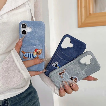 【デニムドッグシリーズ】刺繍ポケット スマホケース｜デニム生地×立体わんこデザイン｜iPhone対応 #241208