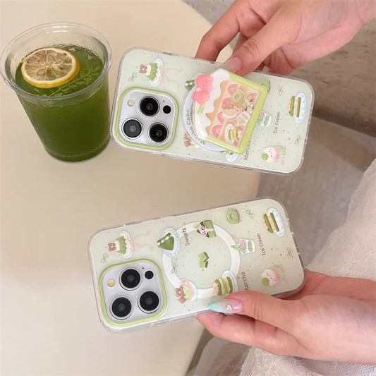 【抹茶×いちごケーキ】ホルダー付き スイーツ スマホケース｜iPhone対応 #250725