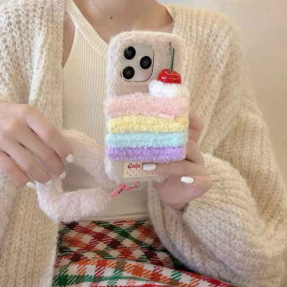 【スイーツモチーフシリーズ】レインボーケーキ ＆ ハンバーガー スマホケース｜ふわもこ立体デザイン × ハンドストラップ付き｜iPhone対応 #241201