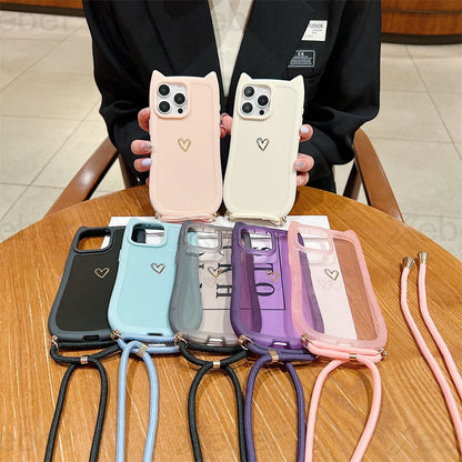 【猫耳シリーズ】ハートワンポイント ショルダー iPhoneケース｜ソフトTPU #240213