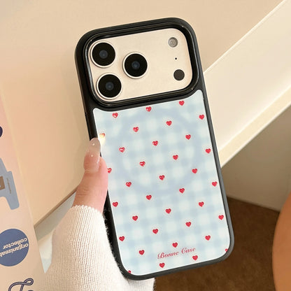 【マグネット式折りたたみハートスタンド付き】ブルーギンガムチェック柄 ハートリング付きスマホケース｜iPhone対応 #240703