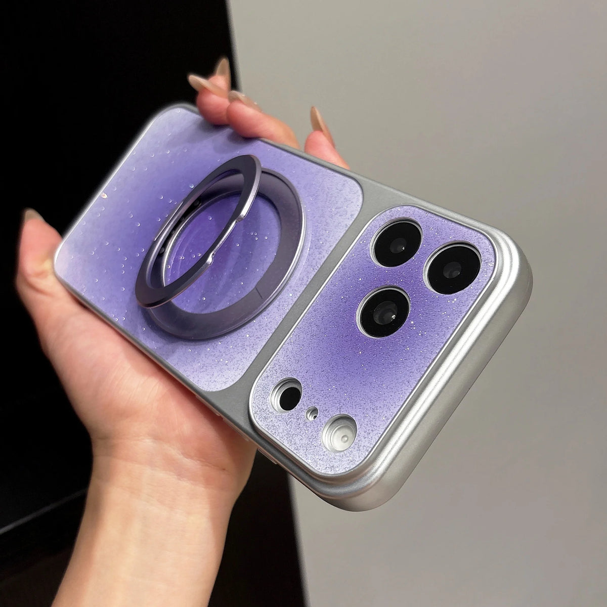 【グラデーション】ラメ シルバーフレーム リングスタンド Magnet内蔵 iPhoneケース グリッター PCA #261283　