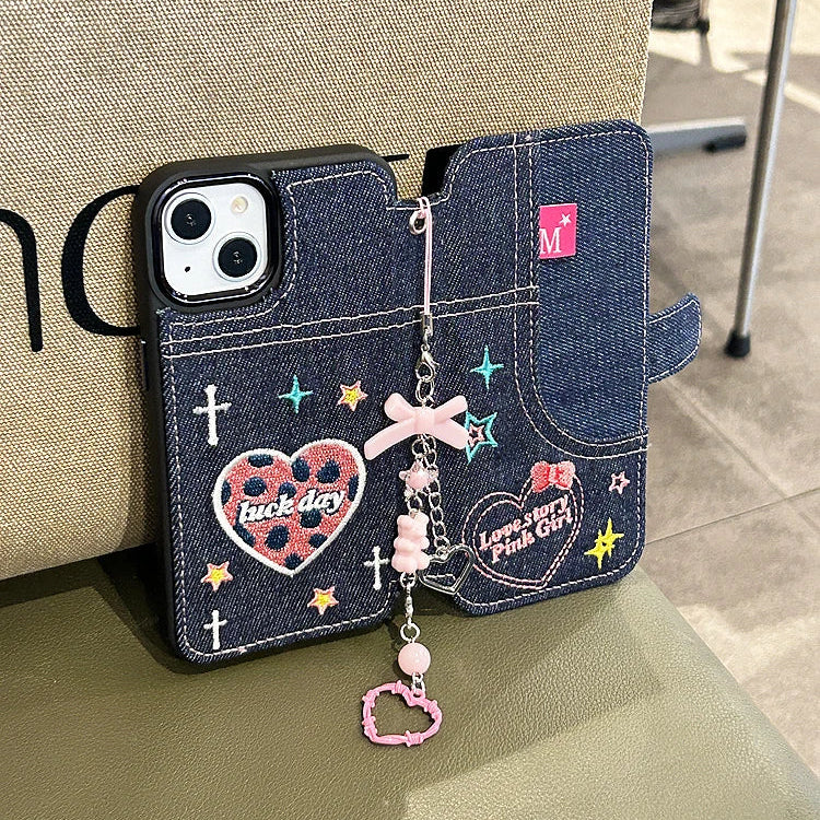 【ブックスタイル】デニム 刺繍デザイン チャーム付き 手帳型 iPhoneケース #240203