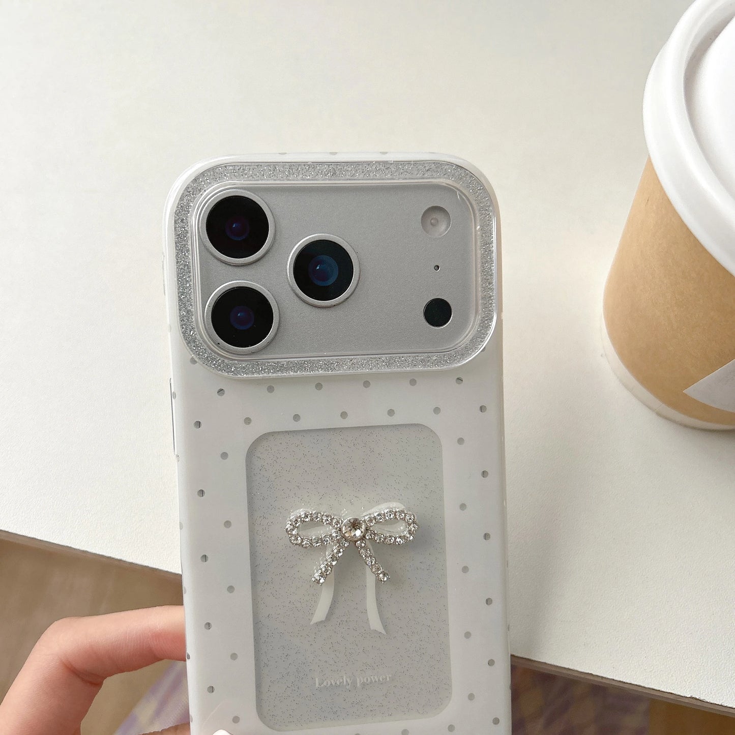 【ホワイトガーリー】パール リボン ビジュー ハート  スマホケース｜iPhone対応 #241002