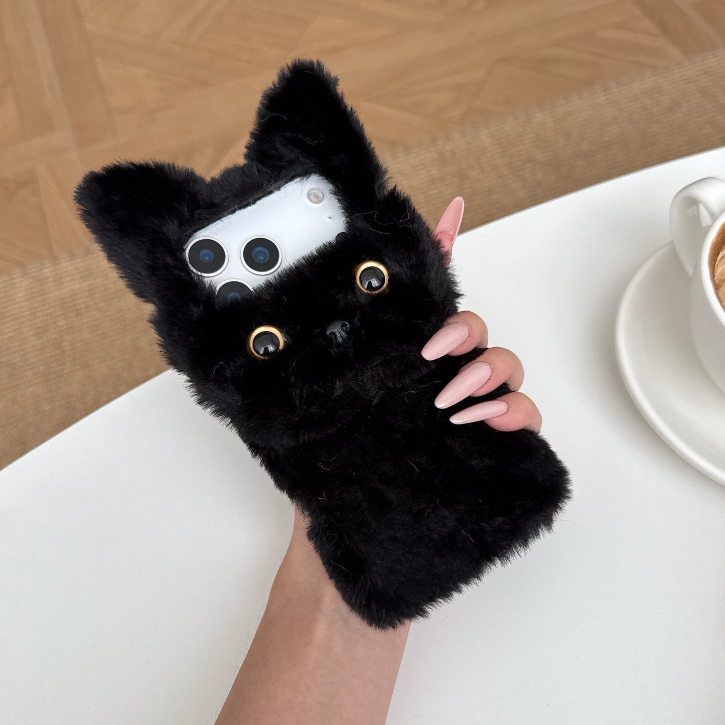 【キャットファーポンポン】ねこ耳 × ふわもこファー スマホケース｜iPhone対応 #250109