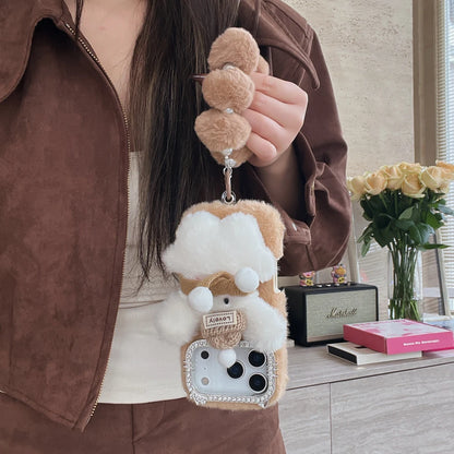 【ふわもこアニマルシリーズ】リボンベア スマホケース｜もこもこ素材 × ポンポンストラップ付き｜iPhone対応 #241205