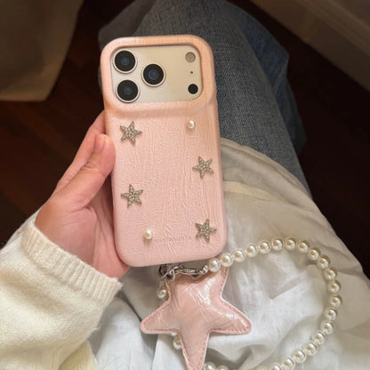 スター モチーフ レザー調 iPhoneケース｜パールストラップ付き #260222
