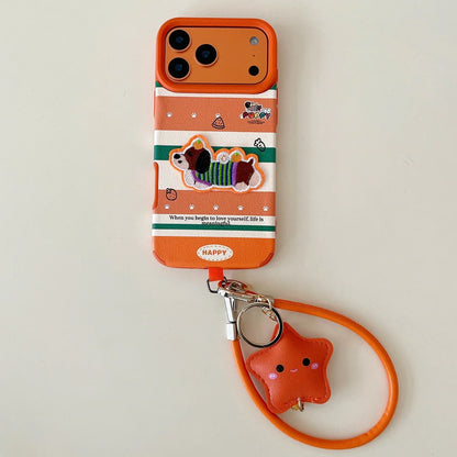 【アニマル刺繍】わんこワッペン × オレンジボーダー ストライプ スターチャーム付き スマホケース｜iPhone対応 #240911