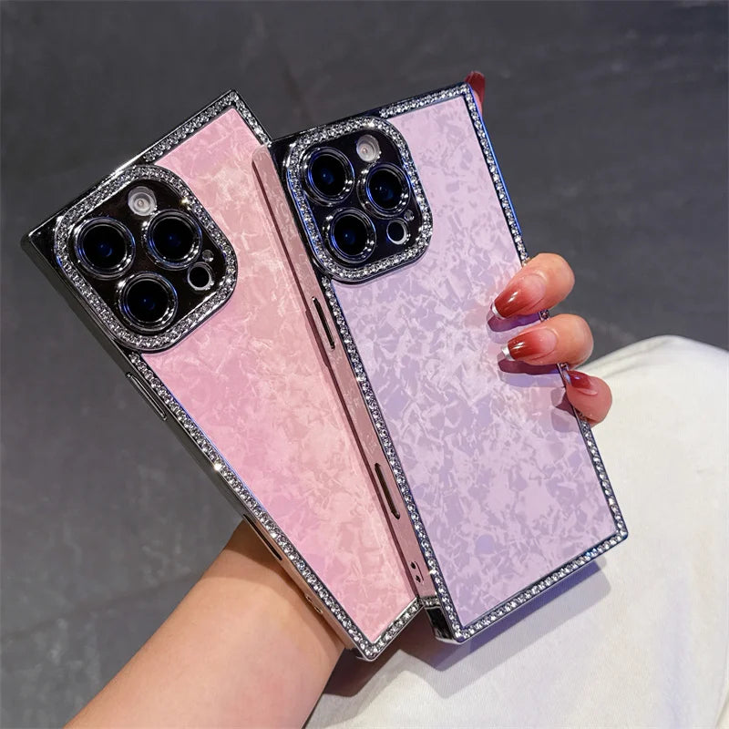 【スクエアシリーズ】大理石風 シェルパール キラキラビジュー スマホケース｜iPhone対応 #250817