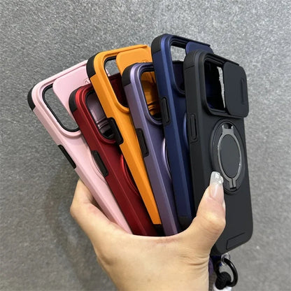 【耐衝撃シリーズ】カメラレンズカバー付き 折りたたみリングスタンド ストラップ付き スマホケース｜iPhone対応 #251226