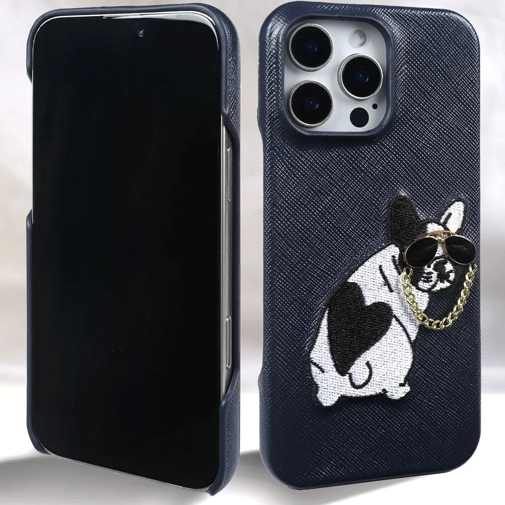 【本革シリーズ】 レザー サングラス フレンチブルドッグ 刺繍 iPhoneケース #260211