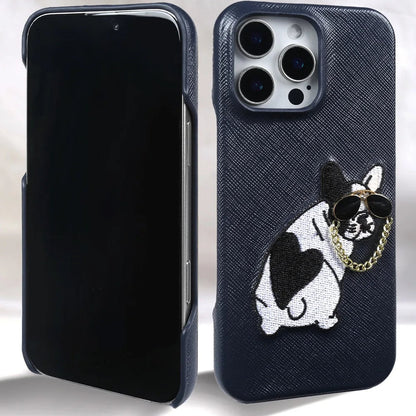 【本革シリーズ】 レザー サングラス フレンチブルドッグ 刺繍 iPhoneケース #260211