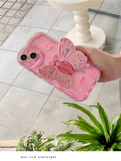 【3Dシリーズ】立体バタフライ＆キラキラデコレーション かわいいピンクスマホケース｜iPhone対応 #251021