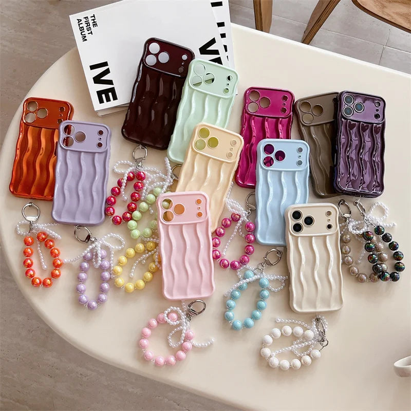 【ウェーブフレーム】パールチャーム付き スマホケース｜iPhone対応 #241217