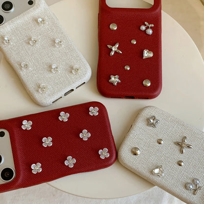 フラワー チェリーモチーフ iPhoneケース｜ビジュー装飾・布調デザイン #240530