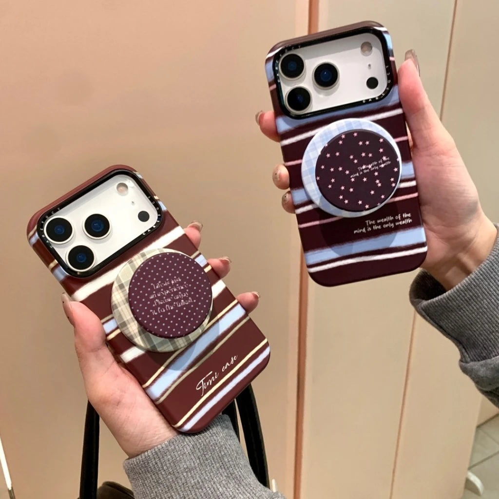 【Magsafe対応】ボルドー マルチカラーストライプ ×ドット スター スタンド スマホケース｜iPhone対応 #241224