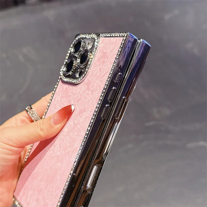 【スクエアシリーズ】大理石風 シェルパール キラキラビジュー スマホケース｜iPhone対応 #250817