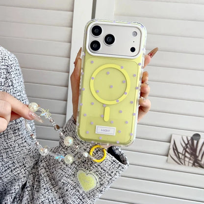 ハートグリップ ビーズストラップ付き ドット柄 韓国風 iPhoneケース #240509