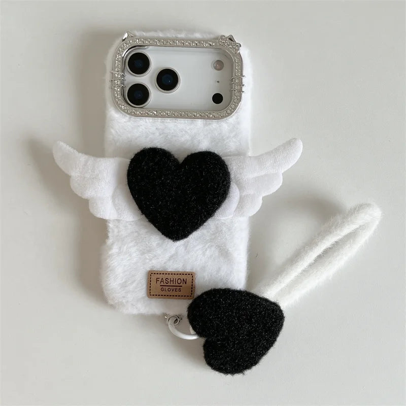【もこもこエンジェル】ハート × 羽モチーフ ふわふわラブリーケース｜iPhone対応 #240910