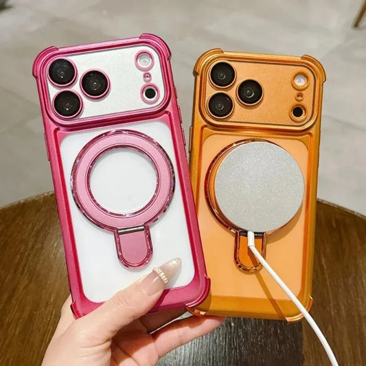 リングスタンド付き メッキフレーム バンパー Magnet内蔵 クリア iPhoneケース｜上品・シンプル #260061