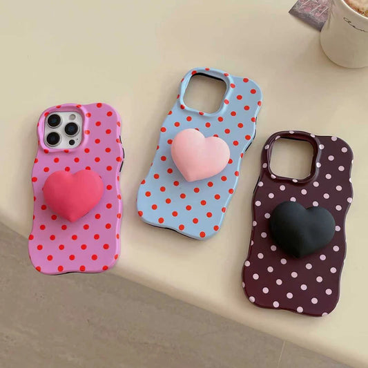 立体ハートグリップ ドット 水玉柄 ウェーブケース｜韓国風 iPhoneケース #260325