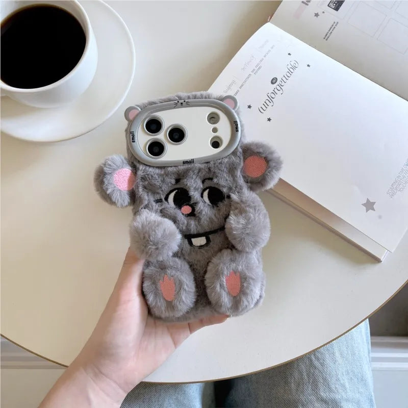 【アニマルフェイスシリーズ】グレーマウス スマホケース｜ふわもこ立体デザイン × キュートな耳付き｜iPhone対応 #241130