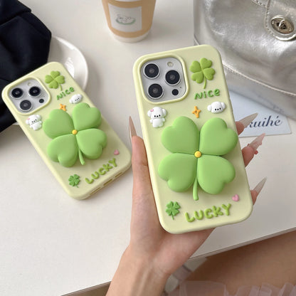 【3Dシリーズ】立体クローバー×LUCKYポップデザイン スマホケース｜iPhone対応 #250918