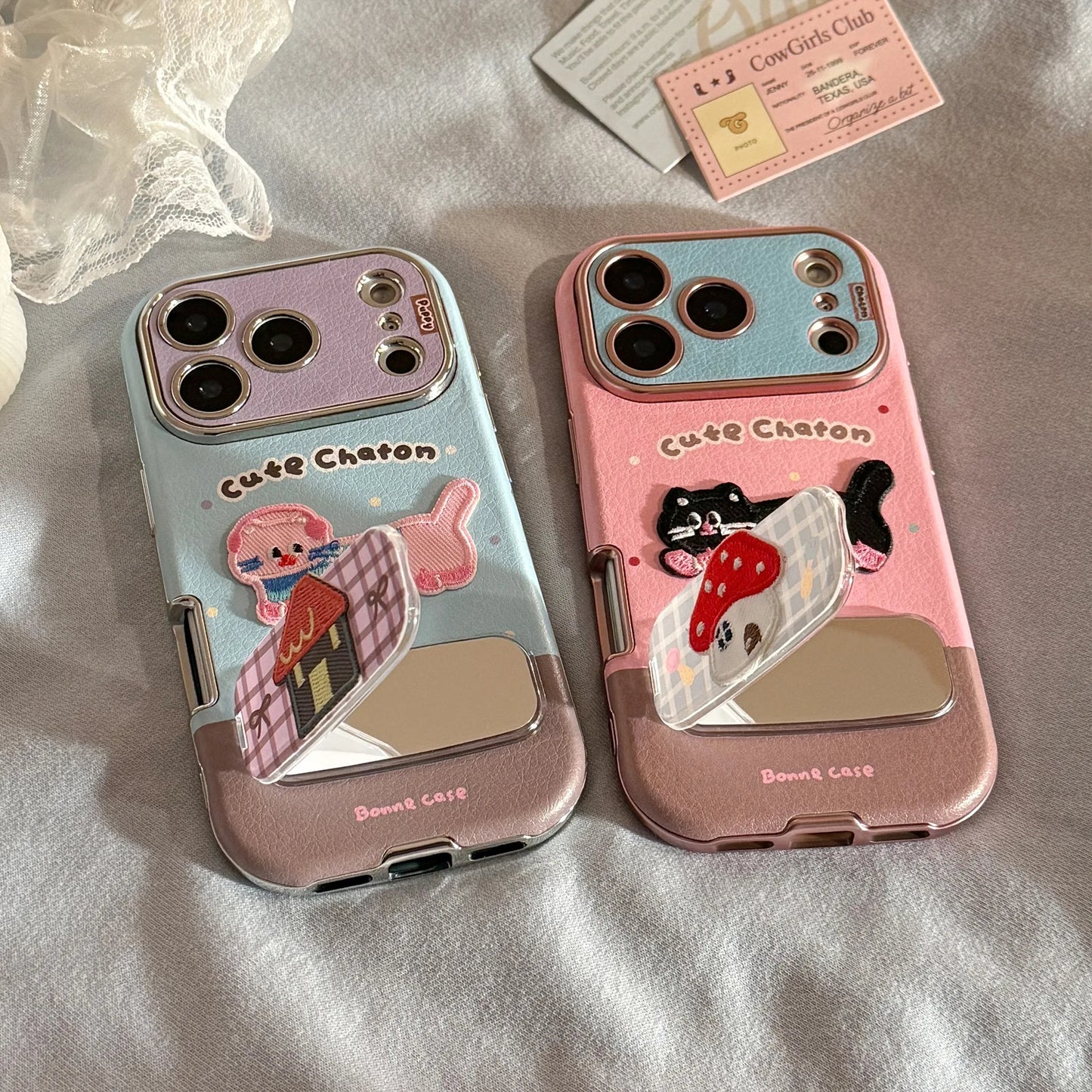 【HAPPYアニマルシリーズ】ヘッドホン わんこ ネコ 刺繍 × ふんわりガーリー ソフトレザー調ケース｜iPhone対応 #240826