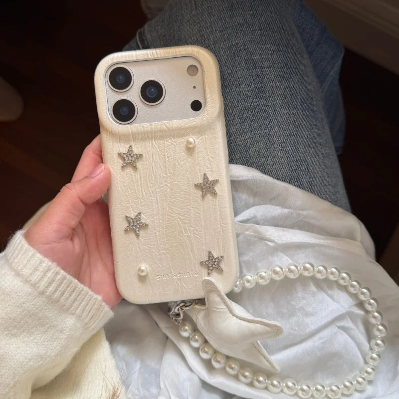 スター モチーフ レザー調 iPhoneケース｜パールストラップ付き #260222